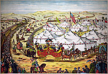 Circus parade around tents, in lithograph by Gibson & Co., 1874